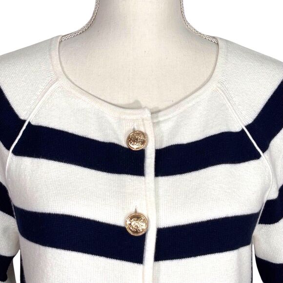 Talbots Striped Sweater Cardigan Jacket Medium Petite MP Dark Navy Blue & White - Picture 2 of 8